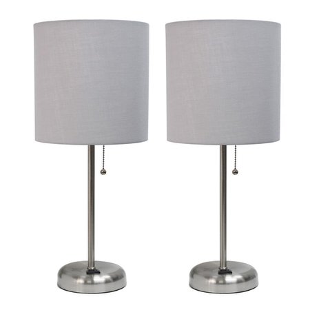 DIAMOND SPARKLE Brushed Steel Stick Table Lamp with Charging Outlet & Fabric Shade, Gray - Set of 2 DI2519781